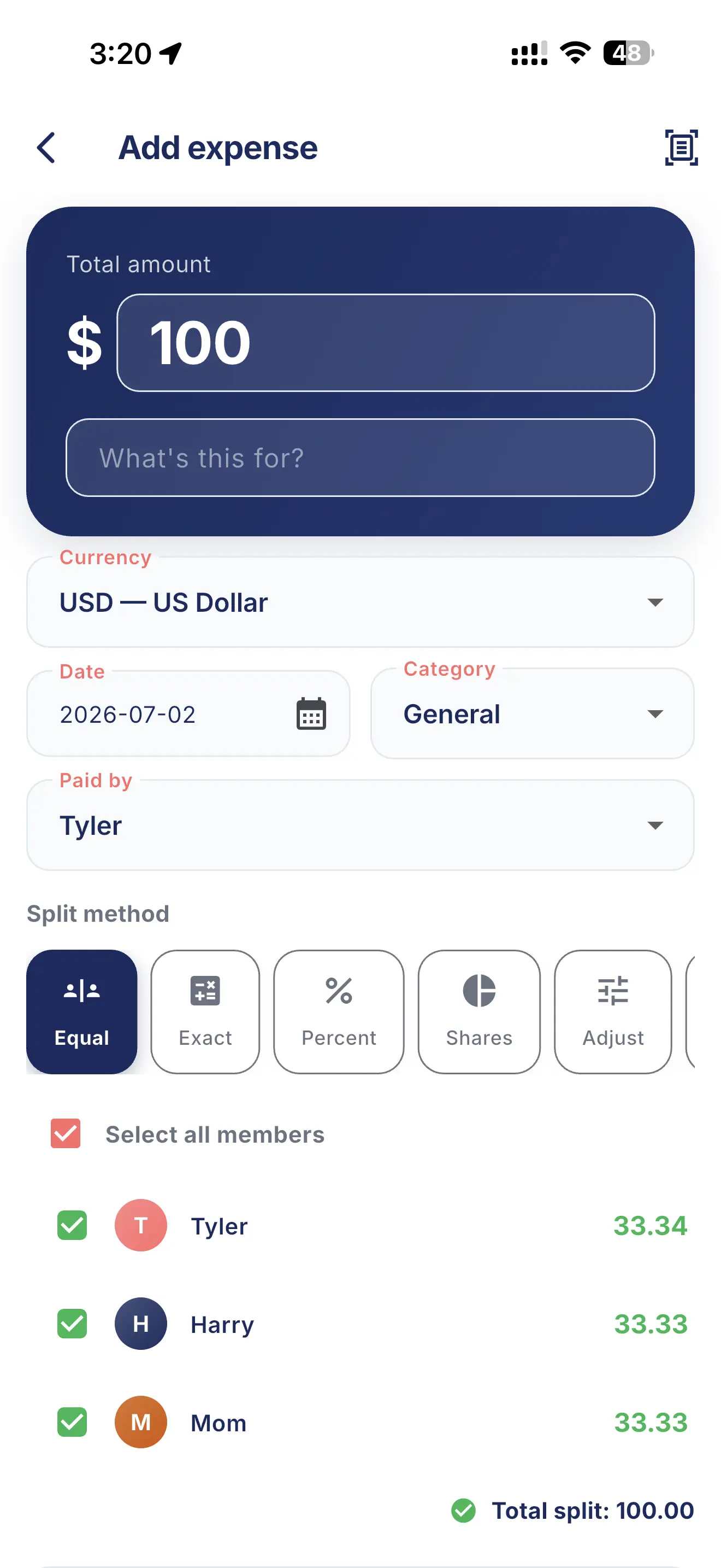 SplitWit add expense screen showing a restaurant dinner split equally between four people